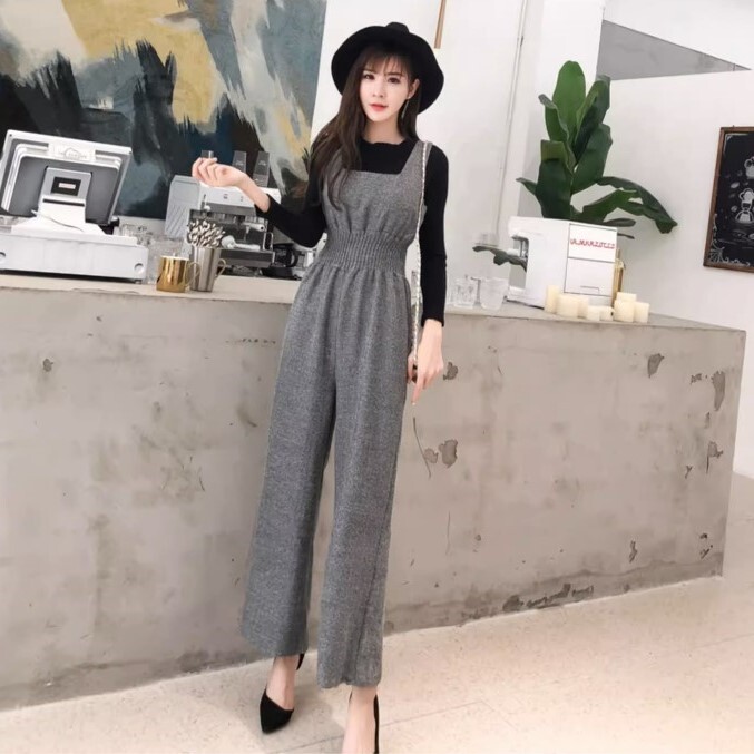 バイカラー配色 サロペット トップス セットアップ ジャンプスーツ コンビネゾン ワイドパンツ アンクル丈 ロング丈 ノースリーブ 襟なし スクエアネック ウエストシャーリング ツイード ニットソー