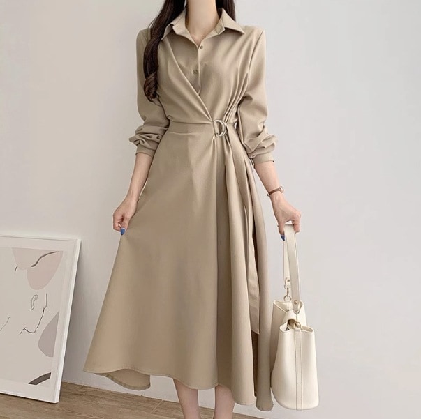 ワンピース シャツワンピース 袖あり 長袖 襟付き シャツカラー デザイン ボタン ウエストゴム 美ライン カシュクール ニュアンス ベルト ウエストマーク カラバリ かわいい 大人可愛い きれいめ