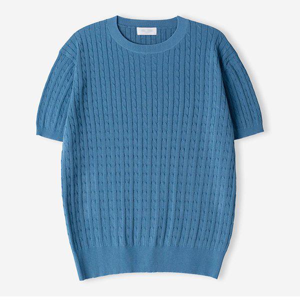 メンズケーブルリネンラウンド半袖ニットTシャツ AT-KNH-Q012-ソラ