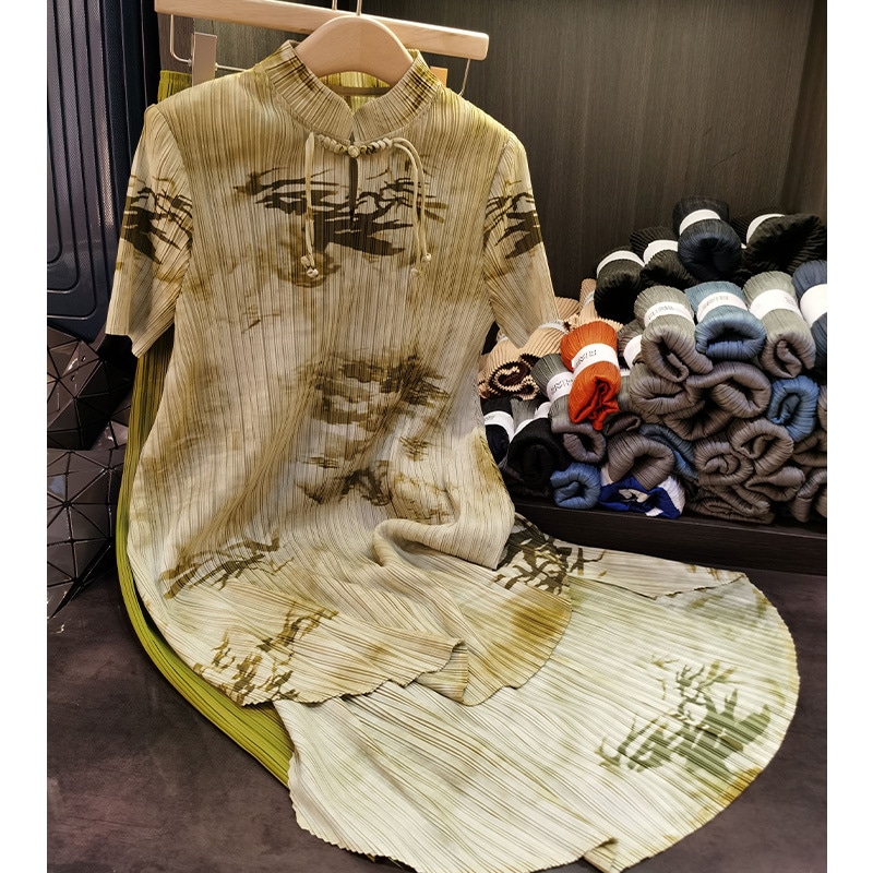 新しい中国風のレトロなスタンドカラーボタンプリントプリーツトップワイドレッグパンツツーピースファッションスーツ