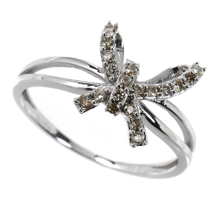 K18WG ホワイトゴールド リボン モチーフ リング・指輪 ダイヤモンド0.15ct 13.5号 1.9g レディース 中古 美品