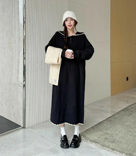 【新品】ロングワンピース 長袖 ゆったり ニット レトロ かわいい シンプル お出かけ 無地 カジュアル レディース【大きいサイズ レディース 春夏 結婚式 きれいめ タイト フォーマル 大人 上品