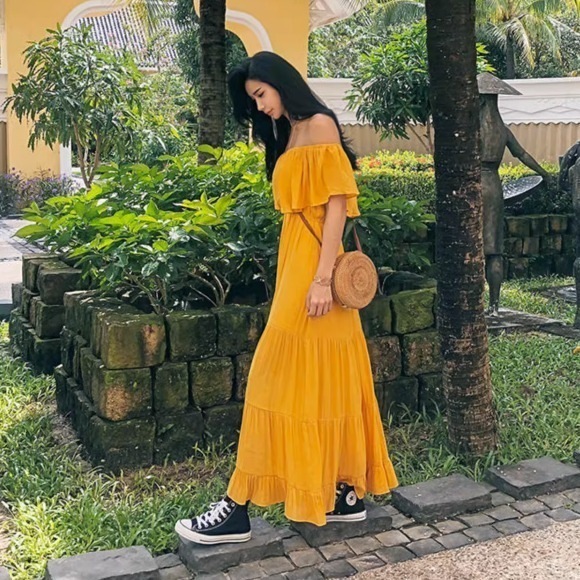 レディース ワンピース ロング 8分丈 クロップド丈 半袖 フレアスリーブ フリル袖 オフショルダー 襟なし ノーカラー フレア Aライン ギャザー フリル 透け感 異国風 ギャザー 薄手 柔らか