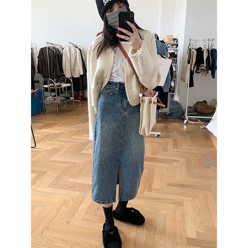 スカート デニム レディース ハイウエスト ミモレ スリット シンプル かわいい 大人可愛い きれいめ カジュアル おしゃれ 無地 ママ 学生 デート お出かけ 普段使い 着回し ブルー ボトムス