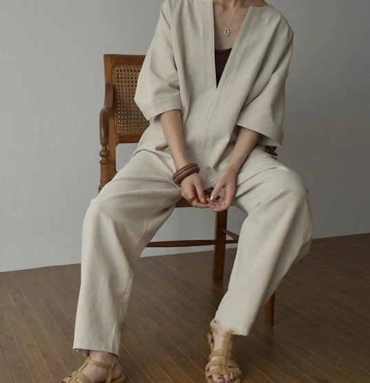 レディース トップス パンツ カットソー セットアップ アンクル丈 クロップド丈 7分袖 Vネック フェミニン ふっくら ポケット ハイウエスト 薄手 大人可愛い 上品 おしゃれ かっこいい アジアン