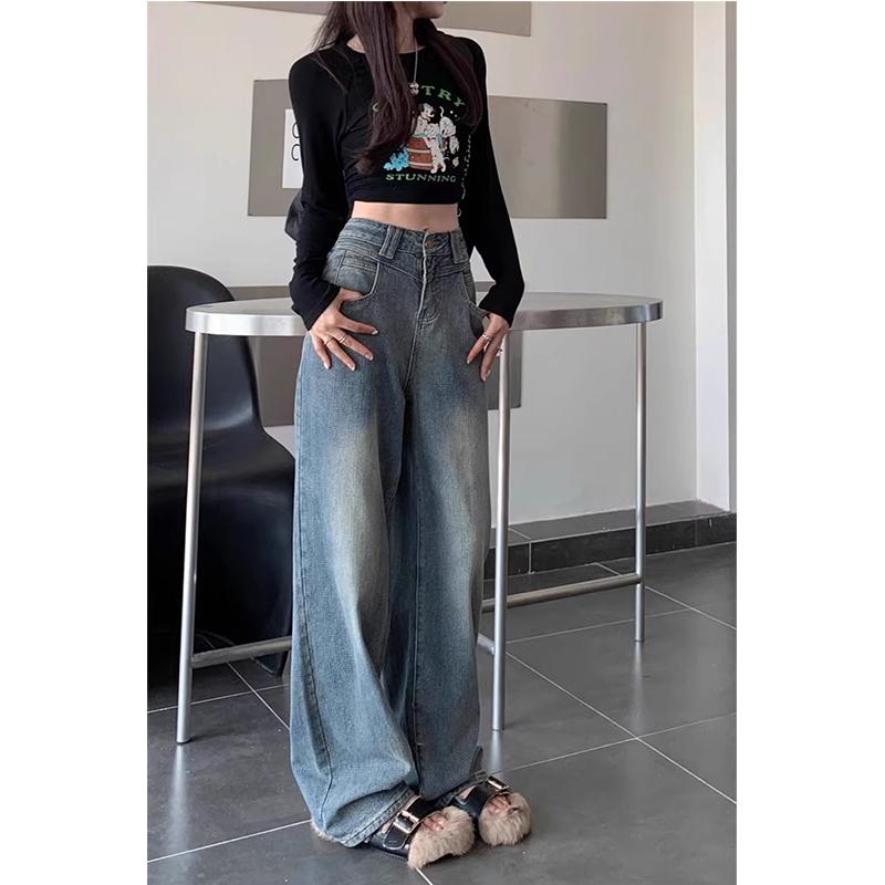 デニム パンツ ボトムス ベルト レディース レトロ ワイドパンツ ジーンズ 春秋 大きいサイズ ハイウエスト ストレート ロング セット 青