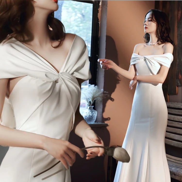 ウェディングドレス 白 パーティードレス オフショルダー 露背 結婚式 ドレス ノースリーブ 白 シンプル 無地 ワンピース 二次会 披露宴 前撮り後撮り ビーチフォト花嫁ドレス エンパイア