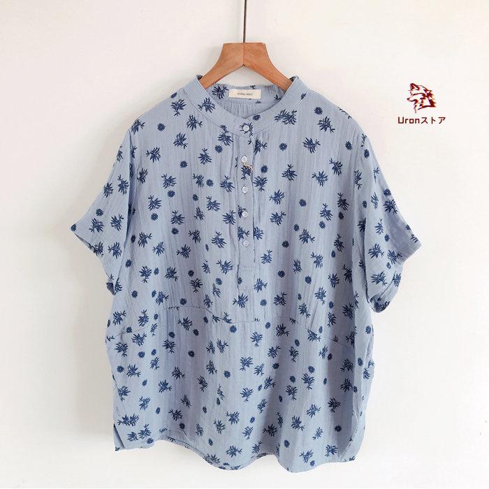 シャツ 綿100％ スタンドカラー 花柄 ブラウス レディース ガーゼ コットン 半袖 トップス 夏 小花柄シャツ シンプル ナチュラル 爽やか 柔らか ゆったり