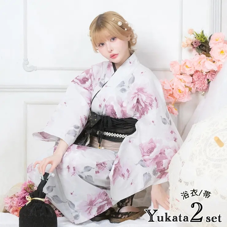 Tika ホワイト×ピンクフェミニン大輪牡丹浴衣2点セット 浴衣 兵児帯 レディース浴衣 レトロ浴衣 華やか浴衣 フリーサイズ ホワイト 戦慄かなの