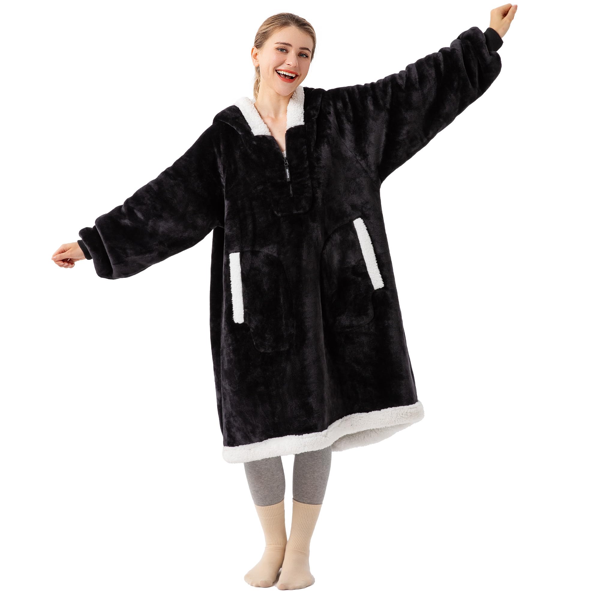 Winthome 極厚手着る毛布 ジッパー付き ゲーミング ルームウェア 二層生地 ボア付き 厚手 もこもこ パジャマ 部屋 ロング丈 オーバーサイズ ガウン メンズ レディース 節電 寒さ対策 冬