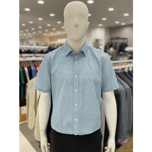 メンズ天然繊維アクア リネン(麻)混紡ブルー 夏 半袖シャツ スーツ ワイシャツ_JK