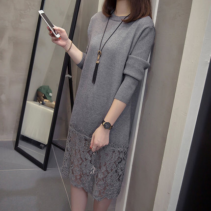 裾レースニットワンピース ワンピース フレアワンピース 膝丈 ひざ丈 袖あり 長袖 ラウンドネック レース ドッキング かわいい 大人可愛い きれいめ シンプル カジュアル 大人 上品 おしゃれ