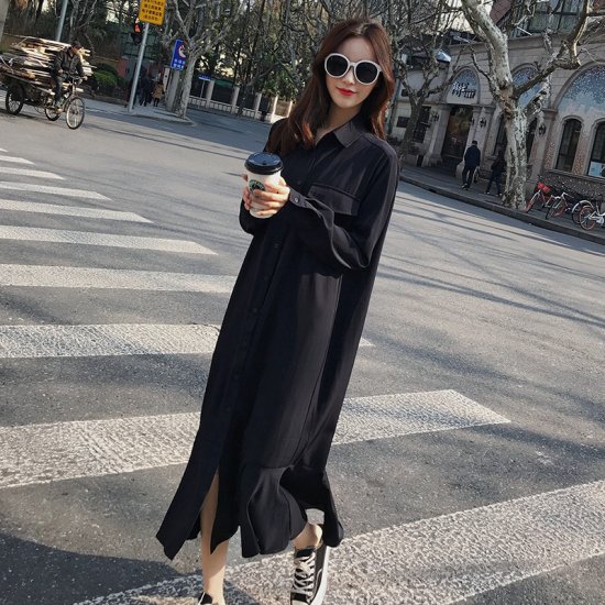 【取寄：納期2週間】ロングシャツワンピース レディース ワンピース ロング丈 シャツワンピ 長袖 フリル カジュアル ポケット ブラック 黒 ゆったり おしゃれ お出掛け ロングワンピース