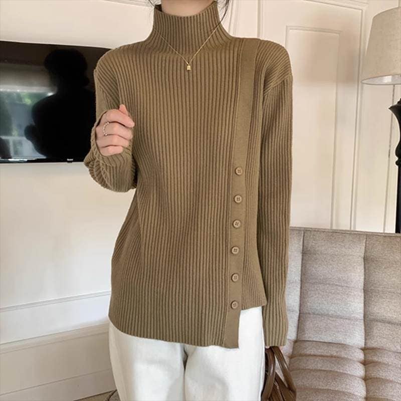 トップスニット長袖 シンプル 中厚手 上品 ニット きれいめ セーター リブニット フェミニン おしゃれ ハイネック ニット レディース アシンメトリー 厚手 かっこいい ボタン トップス 大人可愛い