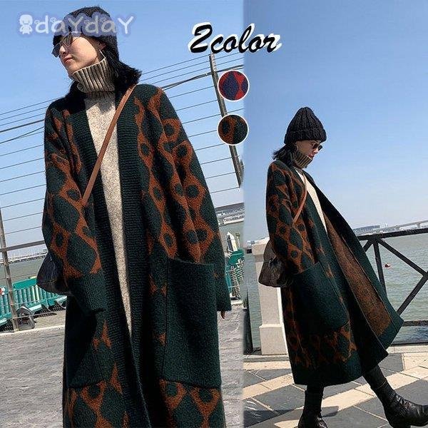 ニットカーディガン レディース 40代 秋冬コーディガン ロング丈ニットカーディガン 幾何柄 長袖セ