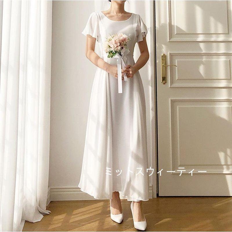 韓国ファッションパーティードレス リゾートウェディング ブライダル 快適 二次会 Aライン 披露宴 夏 マキシ丈 軽い 結婚式 ウェディングドレス 前撮り 花嫁スカート ホワイト