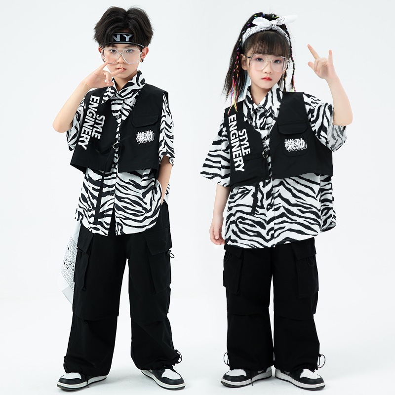 ストリートダンスチルドレンズトレンディ服クールなハンサムガールズドラムショーショーコスチュームボーイカップショーヒップホップトレンディ服夏