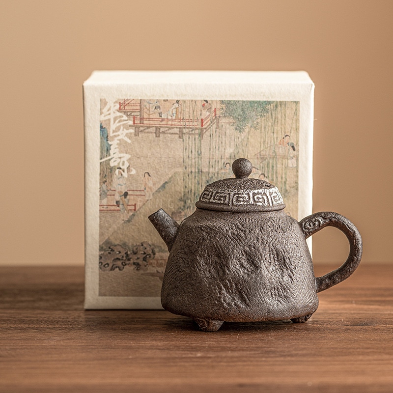 古い陶器の粘土銀三脚パターンポットレトロ手作り小さなティーポットシングルポット蓋付きティー醸造用セラミックポットギフトボックス