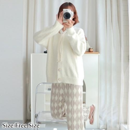 【グラシア】 ルームウェア モコモコ パジャマ 部屋着 パールボタン パール ラグジュアリー カーディガン アイボリー フリーサイズ