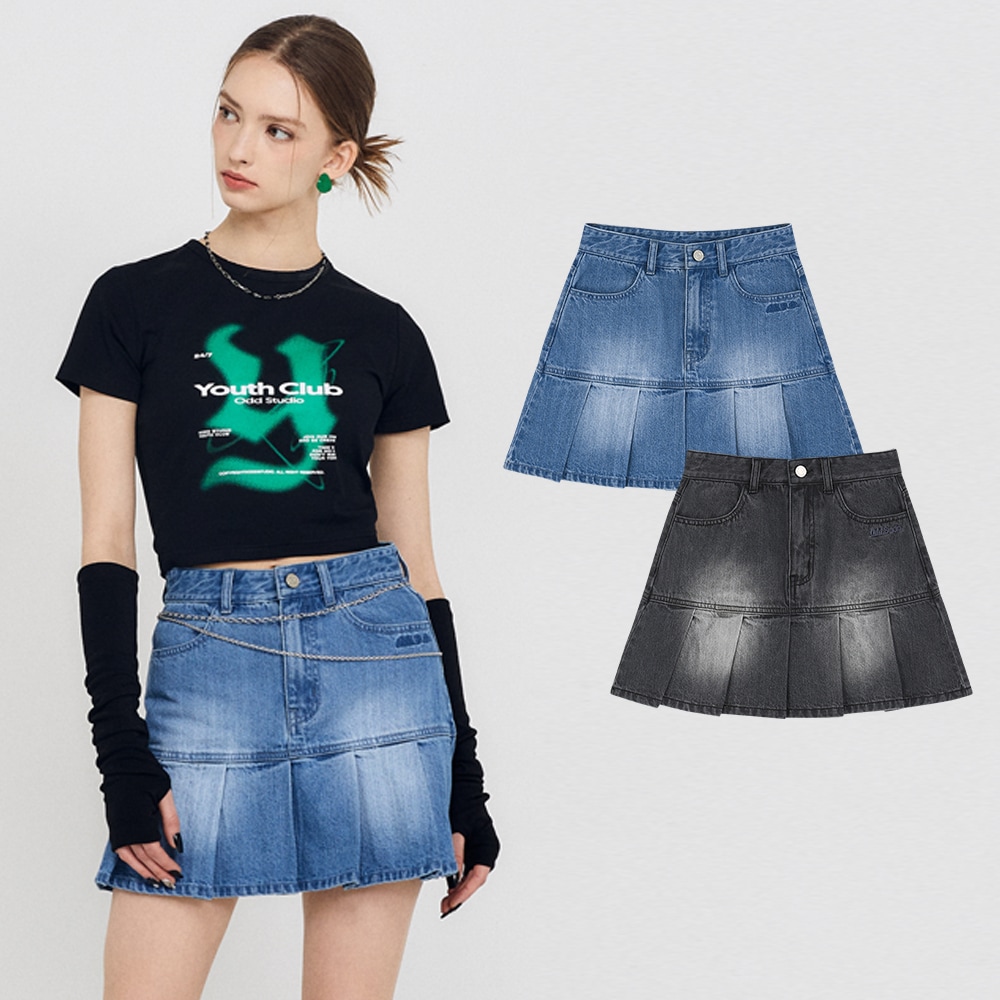 [ステッカーセット贈呈]ウォッシング プリーツ デニム ミニ スカート - 2カラー
