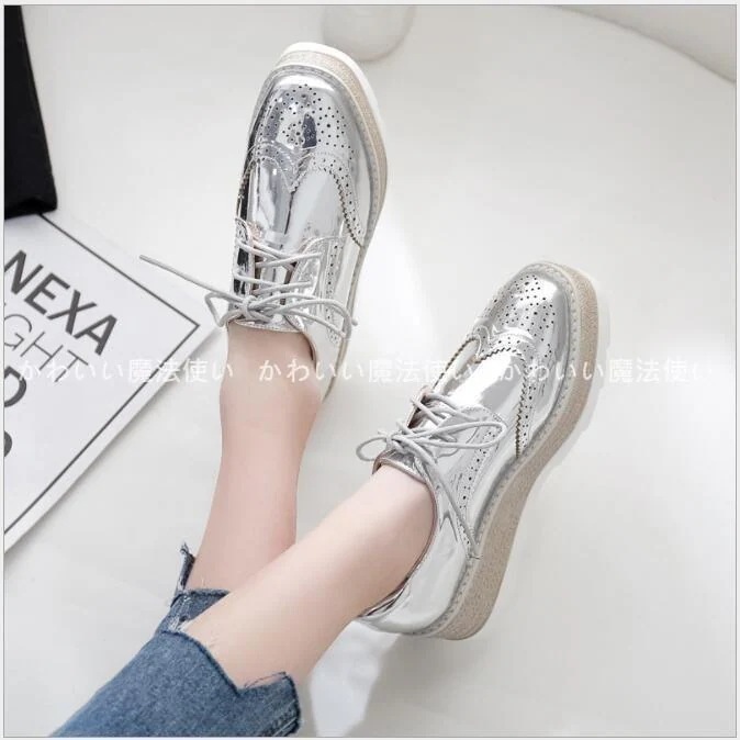 オックスフォードシューズドリーユレディースおじ靴厚底レースアップ黒ブラックシルバーローファー