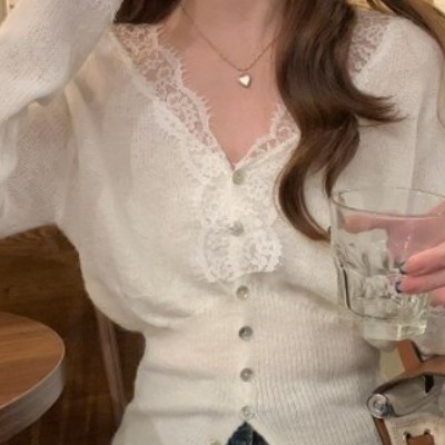 ニットカーディガン トップス ニット セーター カーディガン 長袖 Vネック タイト レース 刺繍 4,842円