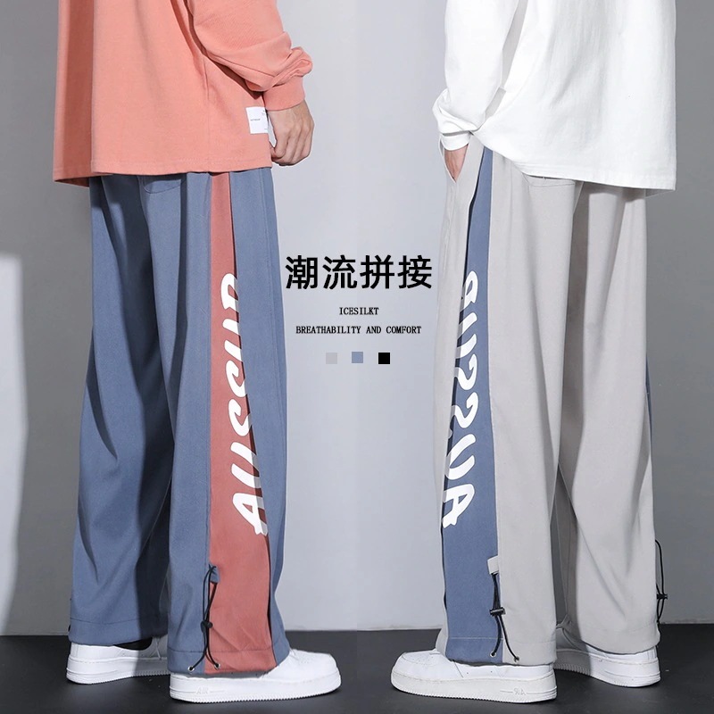 カジュアルパンツメンズスプリングルーズストレートワイドレッグlハイストリート潮スプライシングスポーツパンツデザイン学生