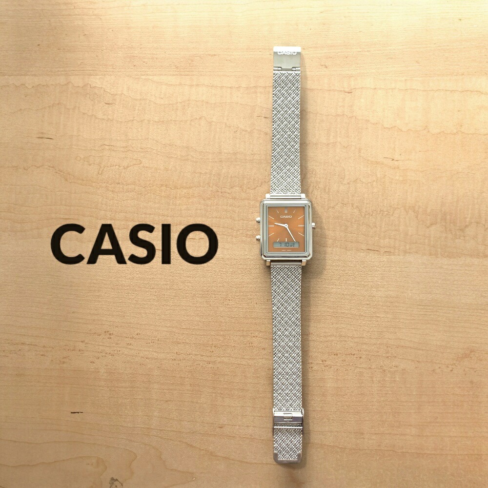 日本未発売 カシオ CASIO 腕時計 メンズ レディース ユニセックス 収納ケース付き シンプル メッシュベルト ブラウン シルバー 防水 デイデイト ビジネス カジュアル プレゼント ギフト 時計
