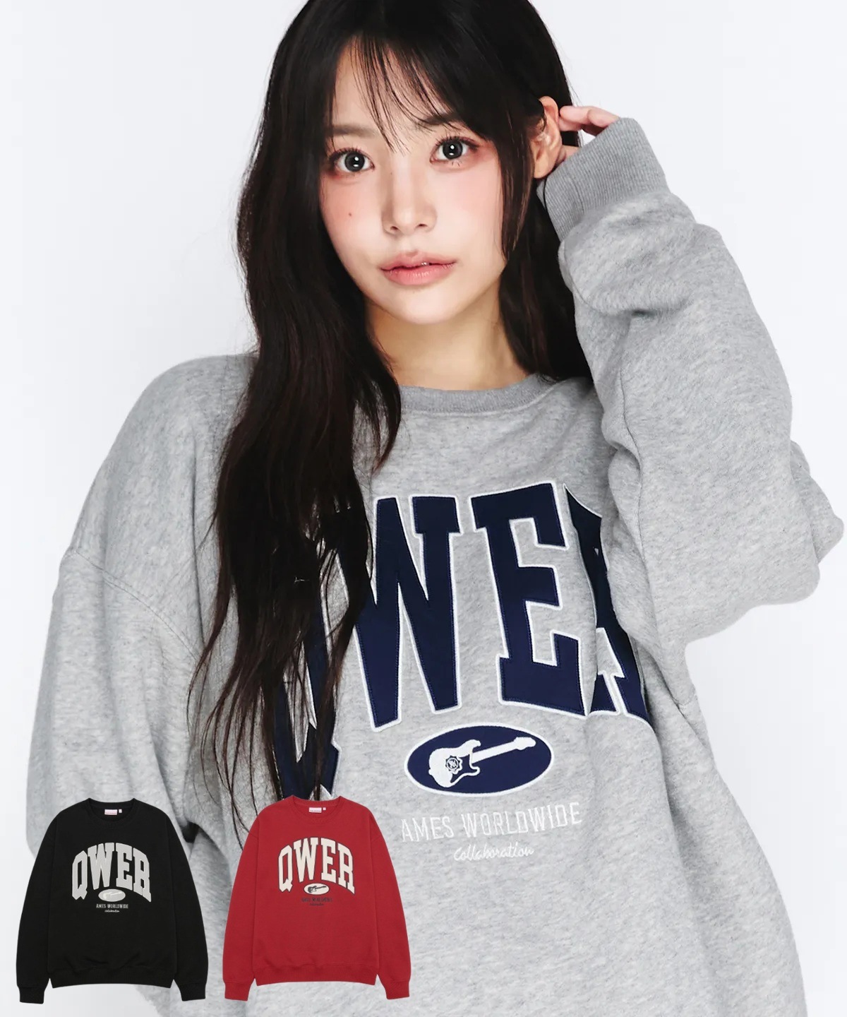 [QWER Siyeon,Magenta着用]QWER BASIC APPLIQUE SWEATSHIRT (GREY/BLACK/RED)