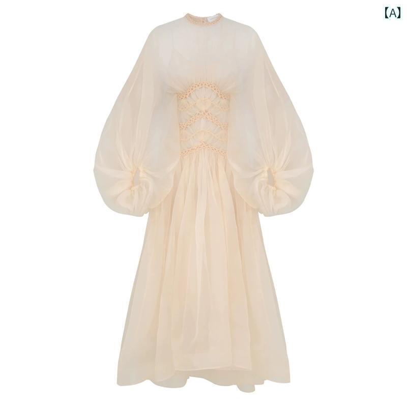 ワンピース ドレス レディース 上流 階級の フランス 風の ハイエンド の ウエストの 長い スカートの 海辺の 休日の ランタン スリーブの アプリコットの メッシュの ドレスの 女性