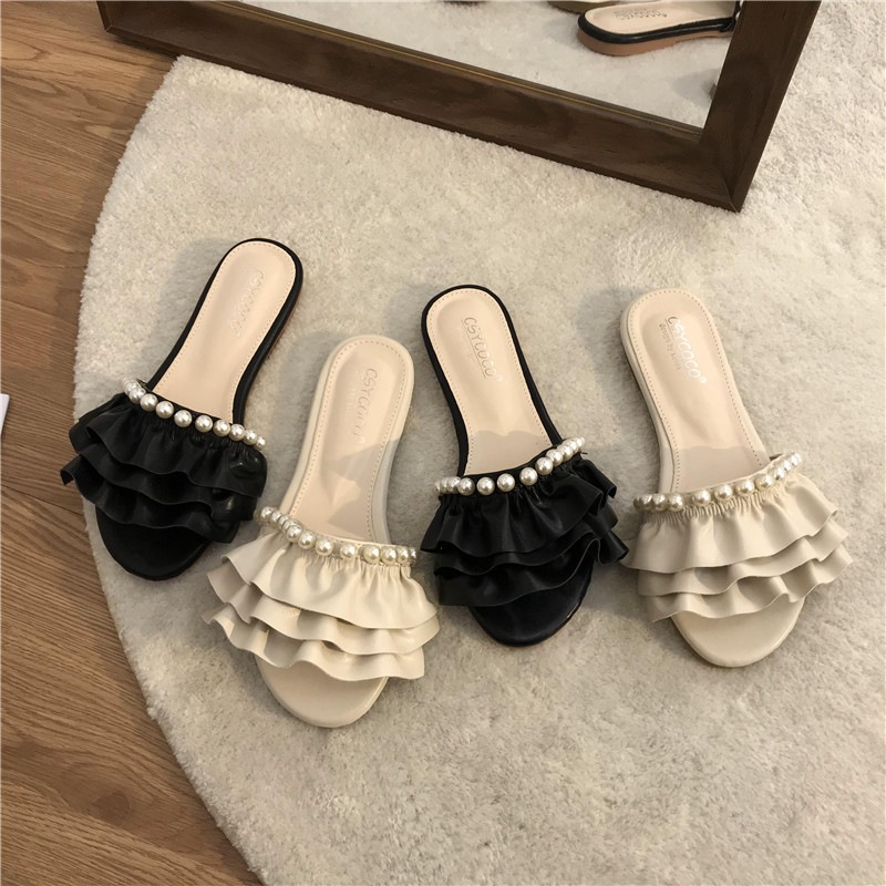 サンダル フラット ぺたんこ つっかけ ぺたんこ ペタンコ フラットサンダル ぺたんこサンダル フリル 歩きやすい 履きやすい 疲れにくい パール かわいい 大人可愛い きれいめ シンプル