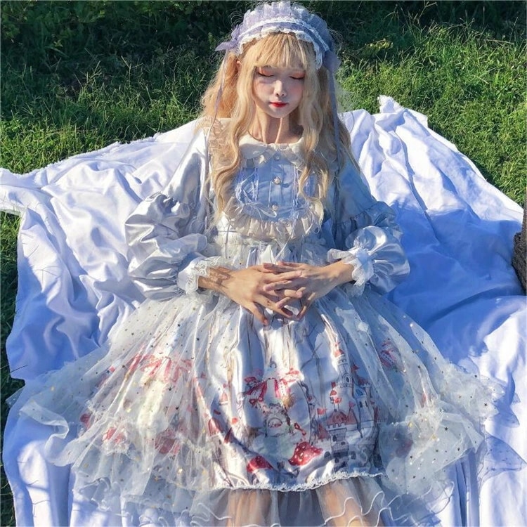 ロリータ ワンピース レディース 長袖 ワンピ つや ボリューム袖 総柄 膝下 フリル 萌え 甘ロリ かわいい