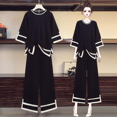 セットアップ 2点セット トップス カットソー パンツ レディース カジュアル きれいめ ライン 可愛い おしゃれ ワイドレッグ ロングパンツ フェミニン リラックス プルオーバーブラック 黒 春 秋