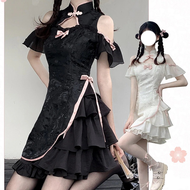 【快速出荷】チャイナ風ワンピース ミニ 切り替え 夏 文化祭 半袖 スタンドカラー 中華服 イベント デート 撮影 普段着 ロリータワンピース