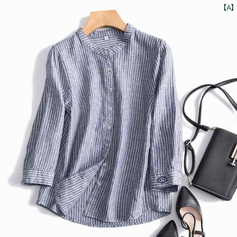 レディース　シャツ　トップス 尾 シングル 婦人服 ラミー トップ リネン 刺繍 コットンリネン 素材 スタンドカラー シャツ 女性 22 夏