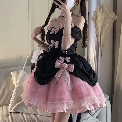 ロリータピンクローズロリータブラックパウダー甘辛プリンセス風ウエストフィッシュボーンスカートロリー