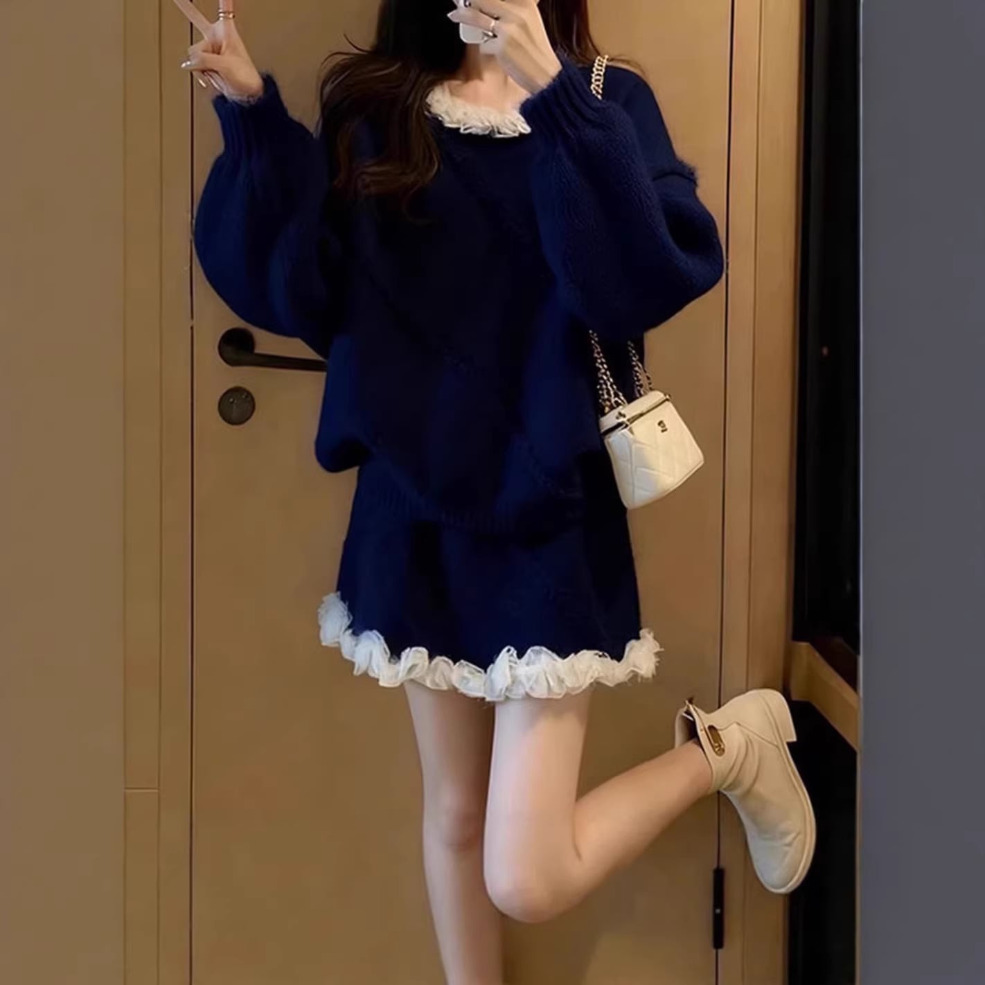 ニットドレス 女子 秋物 新作大人気冬物 一式 素敵なセーター シフォンスカート 2点セット