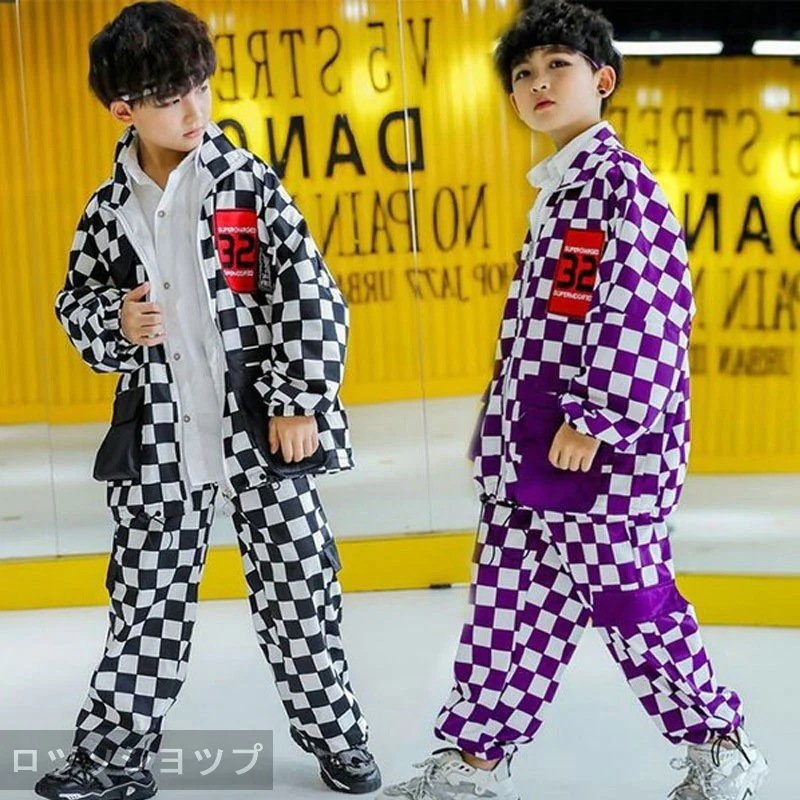 ロツソシヨツプ キッズ ダンス衣装 セットアップ ヒップホップ HIPHOP チェック柄 子供服 長袖 コート パンツ ズボン 男の子 女の子 ステージ衣装 演出服