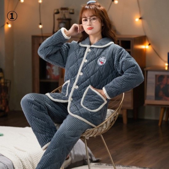 ルームウェア レディース パジャマ おうち服 ホームウェア 部屋着 厚手 冬 暖かい フランネル ネコ ねこ アニマルモチーフ ワンポイント ポケット 襟あり 長袖長ズボン フロントボタン