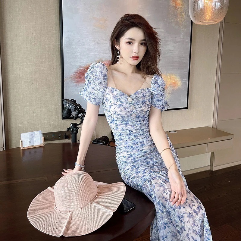 【JY.上品】 スカート 夏 女性 壊れた花 パフスリーブ ブルー フィッシュテイル ドレス フォーマル パーティードレス 同窓会 結婚式 披露宴 卒業式 演奏会 二次会 発表会