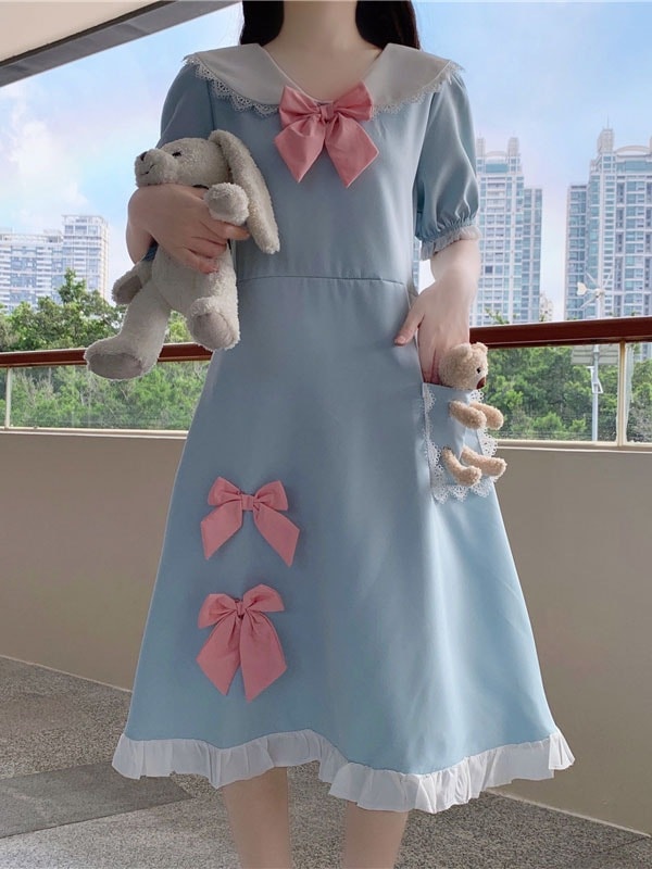 【短納期】スウィートロリータオペレーションドレスピーターパン襟ポリエステルボウ半袖ライトスカイブルーロリータワンピースドレス