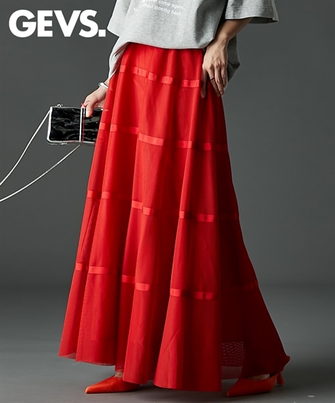 ロングスカート チュール切替フレアマキシスカート ペチスカート付 大きいサイズ有 GEVS.