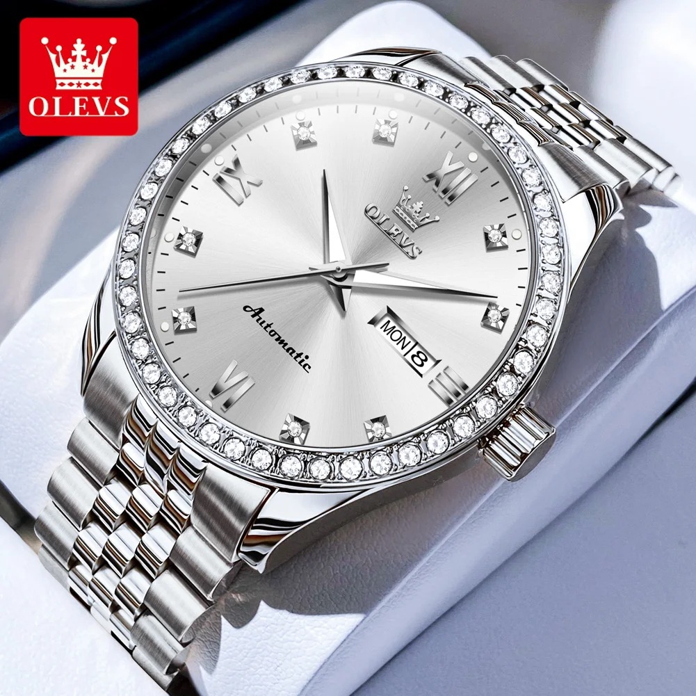 男性用olevs防水腕時計 自動マシン式 デュアルカレンダー エレガントダイヤモンド 高級 オリジナル 7012
