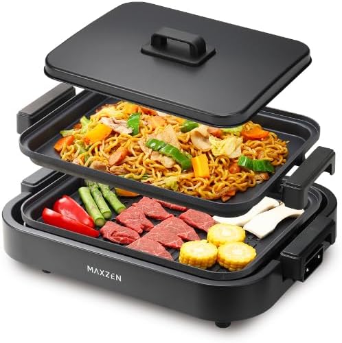MAXZEN ホットプレート 鍋 焼肉 温度調整 プレート グリル鍋 お好み焼き 2枚 一人用 家族 減煙 丸洗い 電気プレート コンパクト ヒーター式 卓上 MHP120MT201-BK マクスゼン