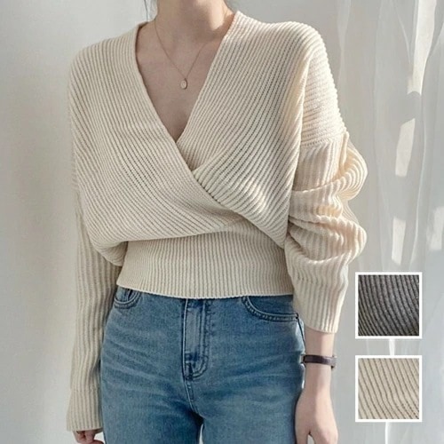 ニット セーター 韓国 ファッション レディース 秋 冬 カジュアル コーデ シンプル 定番 セレカジ 20代 30代 40代 2025 カシュクール 深Vネック オーバーサイズ リブ