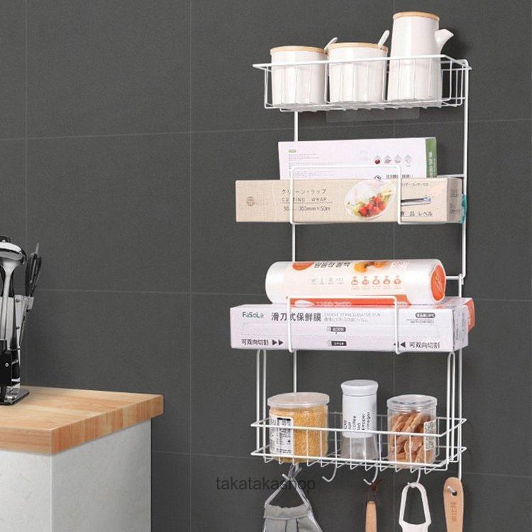 冷蔵庫サイドラック 棚 キッチンラック キッチン収納 吸盤 調味料 ラップホルダー キッチンペーパーホルダー 横収納 ワイド収納バスケット 小物入れ 4,581円