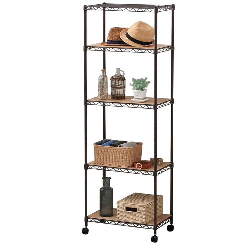 即納：アイリスオーヤマ カラーメタルラック本体 ウッドボード付き ブラウン 茶 幅55×奥行35×高さ163cm ラック 棚 スチールラック CMM-55165B