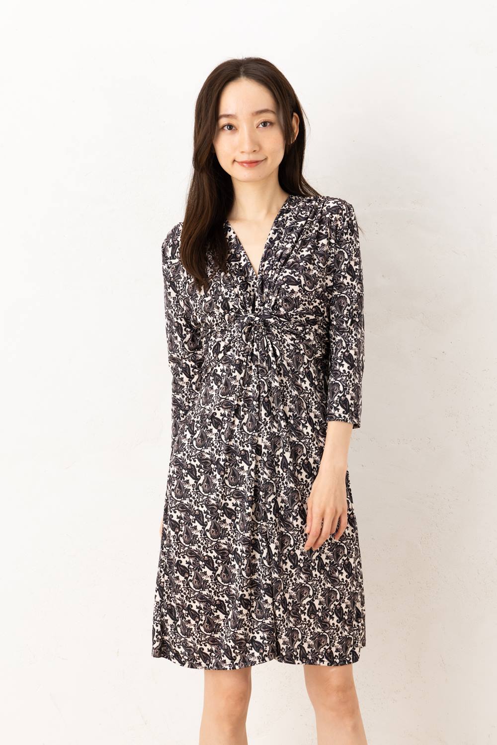 フィフィーユ(FIFILLES)ワンピース T1 T2 T3サイズ 七分袖 膝丈 Ｖネック ペイズリー柄 ジャージー生地 レディース フランス製 ワンピース ベージュ