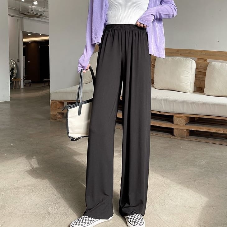 ラフパンツ ボトムス 長ズボン スウェット生地 無地 ナチュラルカラー レトロ フレアパンツ スリット ウエストゴム セミフレア パンツ ハイウエスト ストレッチ 美脚 動きやすい 韓国