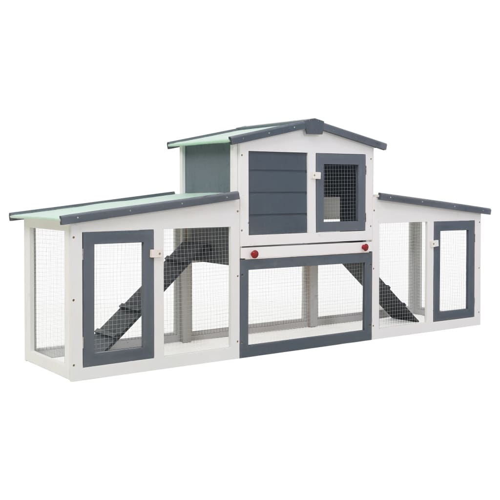 屋外用 大型うさぎ小屋 グレー＆ホワイト 204x45x85cm 木製
